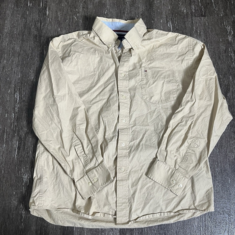 Tommy Hilfiger Button Shirt XL Beige Tan Outdoor Casual Preppy Logo